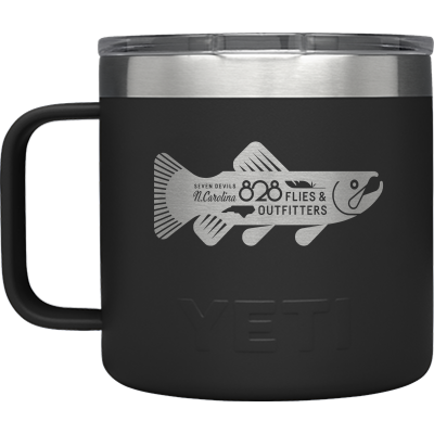 Yeti Rambler 14oz mug in matte black with Seven Deevils fly fishing graphic and magslider lid
