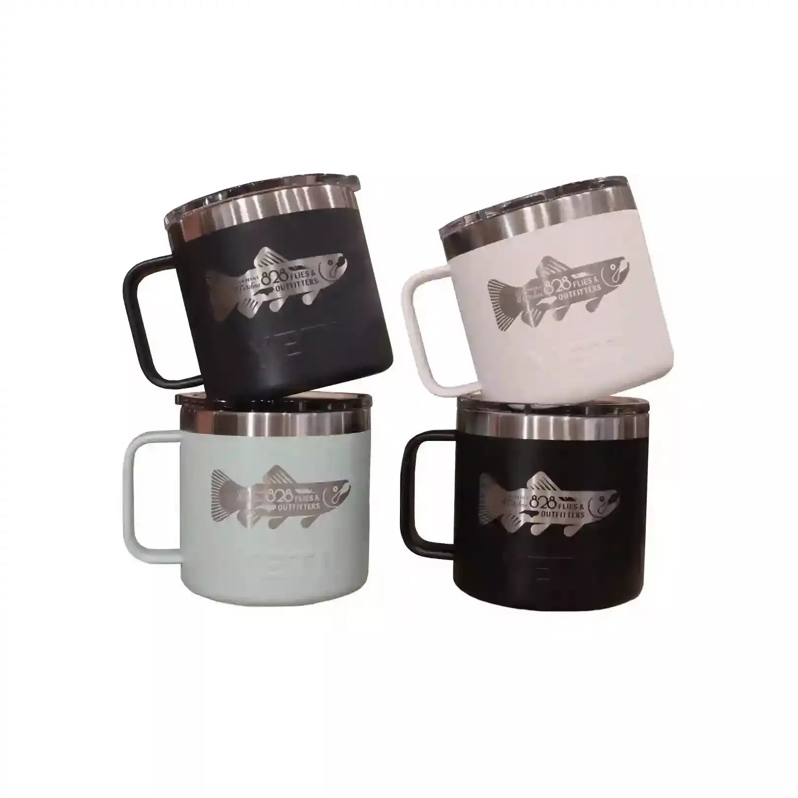 Set of four Yeti Rambler 14oz mugs in black, seafoam, and white with Seven Deevils graphics