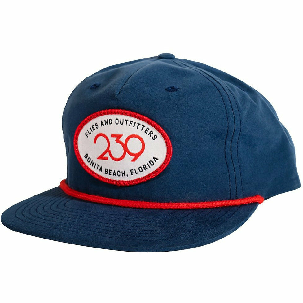 239 Happy Camper Patch Hat - Navy/Red Stripe